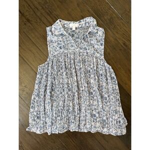 LC‎ Lauren Conrad Blue Floral Pleated Sleeveless Blouse XS Collared V-Neck Top